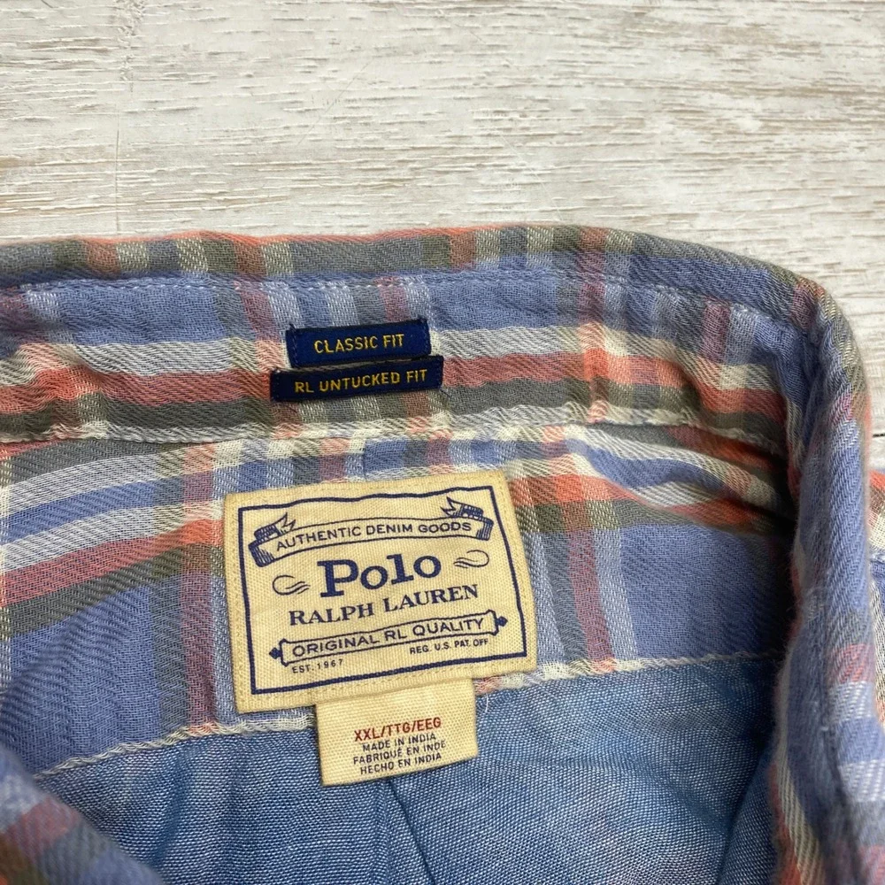 Polo Ralph Lauren Flannel Shirt Mens XXL Blue Orange Plaid Untucked Fit Cotton